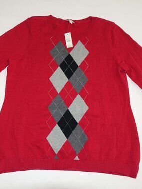 Talbots Women's Argyle Crewneck Sweater Large NWT Red Gray Black Cotton Pullover
